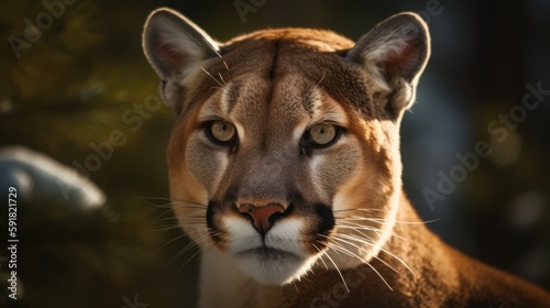 Close-up of a mountain lion's face in the forest. Generative AI © bomoge.pl
