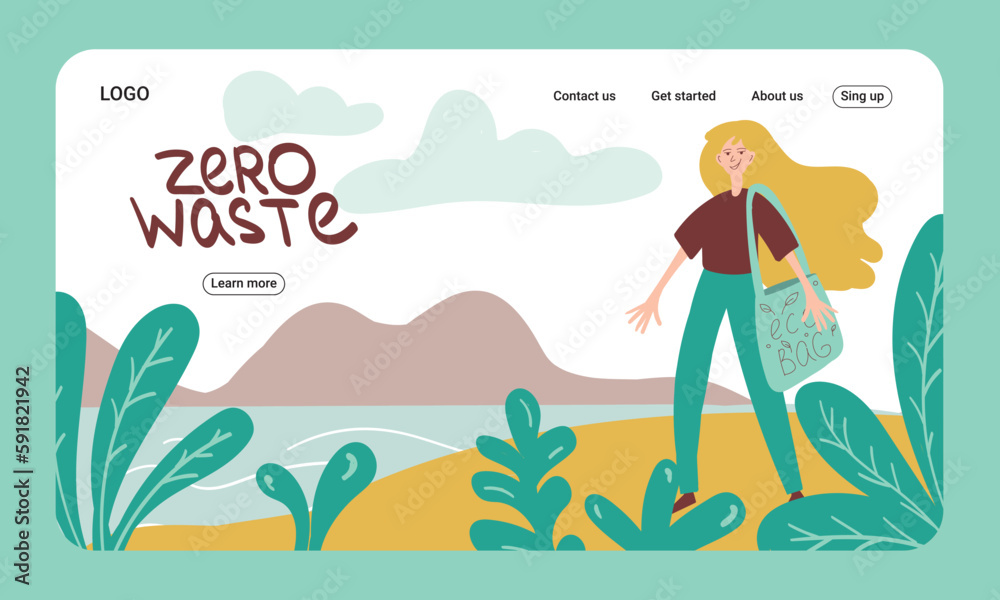 Zero waste internet shop concept. Landing page template. Web banner. Girl with eusable bag. Eco life. Zero waste internet shop concept. Landing page template. Web banner. Girl with eusable bag. Eco life.