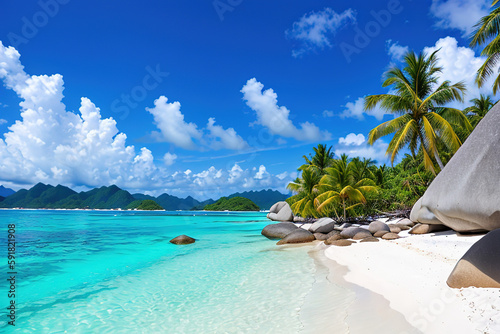Paradise beach of a tropical island, palm trees, white sand, azure water. Famous stone beach in the Seychelles. Generative AI.