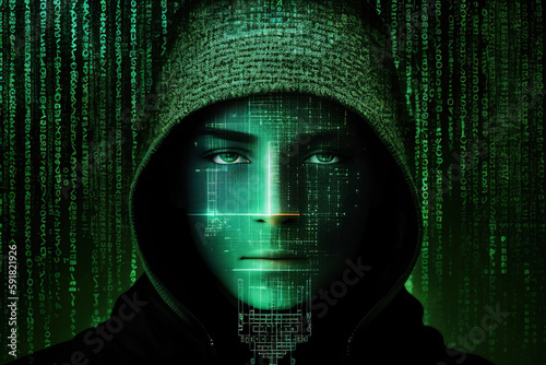 Digital cracker in the matrix of numbers. Cyber criminal. Generative AI.