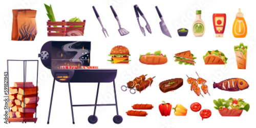 Cartoon bbq grill set for picnic with meat and fish isolated on white background. Cooking beef and vegetable isolated icon illustration. Summer meal on brazier. Burger and hotdog grilled collection.