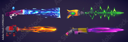 Magic game space gun with laser beam comic vector effect. Weapon lightning energy shot for alien. Power ray attack blaster with water and plasma shoot set. Isolated futuristic scifi pistol collection