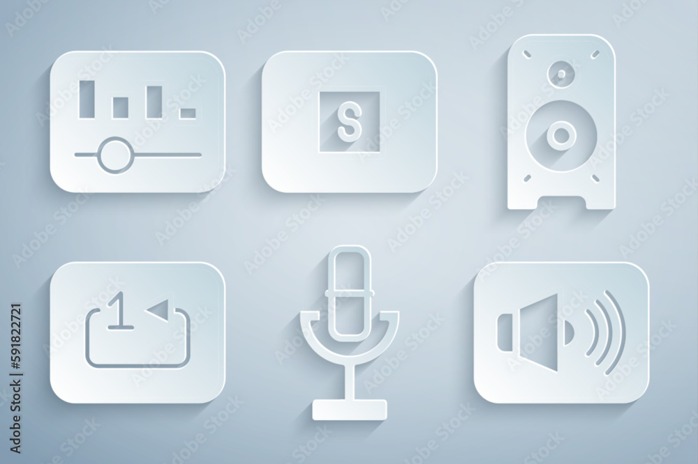 Set Microphone, Stereo speaker, Repeat track music player, Speaker volume, Stop media button and Music equalizer icon. Vector Set Microphone, Stereo speaker, Repeat track music player, Speaker volume, Stop media button and Music equalizer icon. Vector