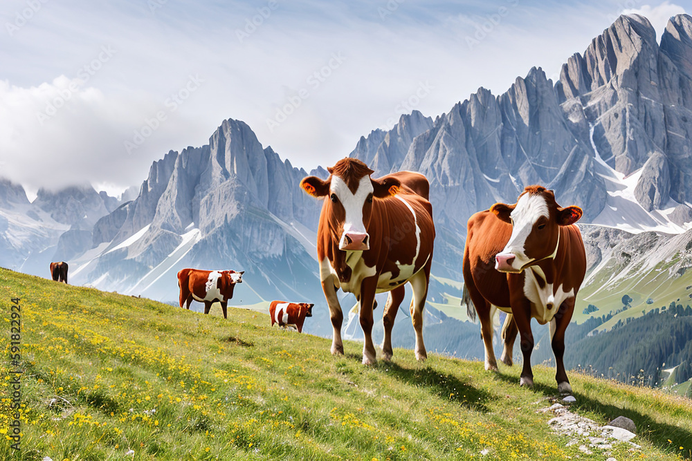 Cow grazing in an alpine meadow, Generative AI
