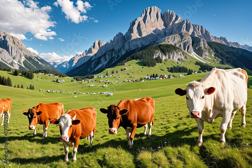 Cow grazing in an alpine meadow, Generative AI