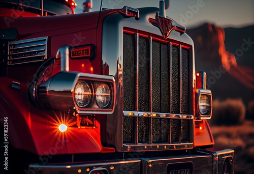 Red semi truck closeup on headlight. Generative AI