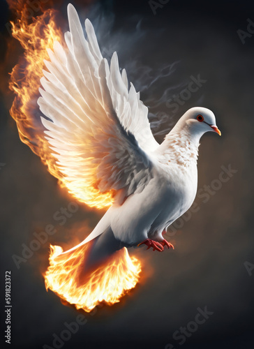 Une colombe blanche en vol et en feu avec des flammes - generative AI photo