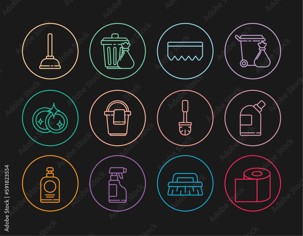 Set line Toilet paper roll, Bottles for cleaning agent, Sponge with bubbles, Bucket rag, Washing dishes, Rubber plunger, brush and Trash can and garbage bag icon. Vector Set line Toilet paper roll, Bottles for cleaning agent, Sponge with bubbles, Bucket rag, Washing dishes, Rubber plunger, brush and Trash can and garbage bag icon. Vector