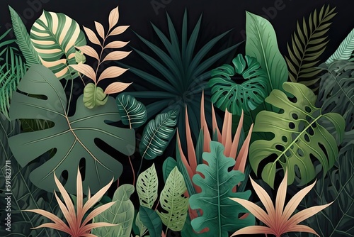 tropical foliage and leaves on a black background. Generative AI