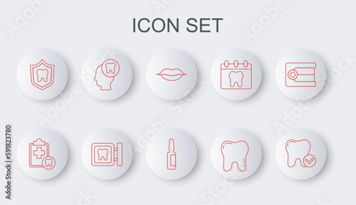 Set line Tooth whitening concept, Dental card, Smiling lips, protection, Human head with tooth, clinic location and Painkiller tablet icon. Vector