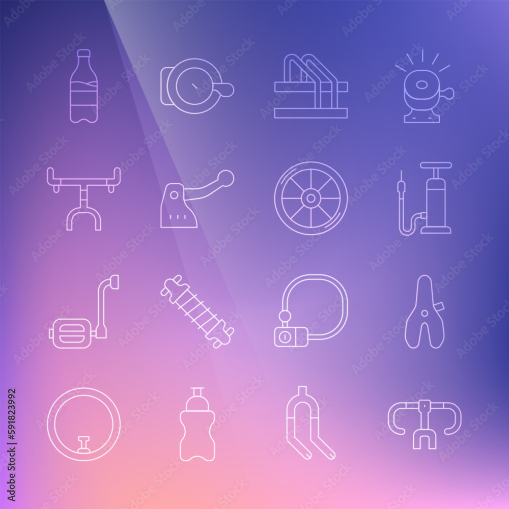 Set line Bicycle handlebar, seat, air pump, parking, brake, Sport bottle with water and wheel icon. Vector