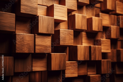 Creative 3d wooden wall surface with square tiles texture cubes brown background