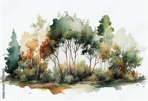 seamless watercolor landscape with trees. Generative AI