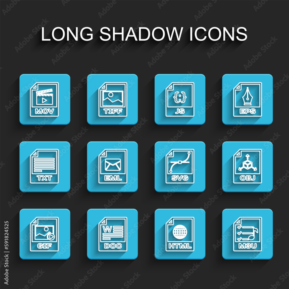 Fototapeta Set line GIF file document, DOC, MOV, HTML, M3U, EML, OBJ and SVG icon. Vector