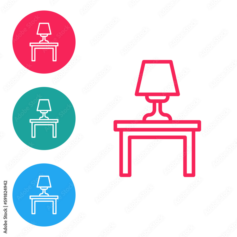 Red line Table lamp on table icon isolated on white background. Set icons in circle buttons. Vector Red line Table lamp on table icon isolated on white background. Set icons in circle buttons. Vector