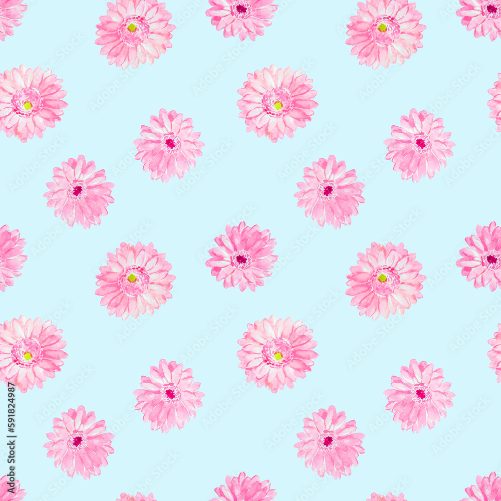  Flower pattern, gerbera pattern , light blue, blue ,fabric pattern, gerbera, pink flowers, textile design , bloom, watercolor, floral illustrations, botanical, blossom