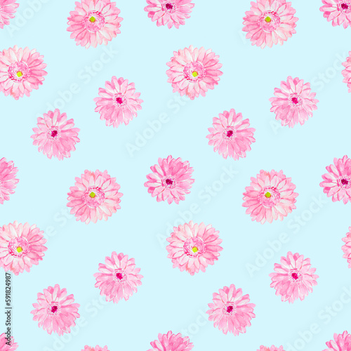  Flower pattern, gerbera pattern , light blue, blue ,fabric pattern, gerbera, pink flowers, textile design , bloom, watercolor, floral illustrations, botanical, blossom © EleniAnna