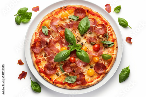 pizza on a white plate on an isolated white background