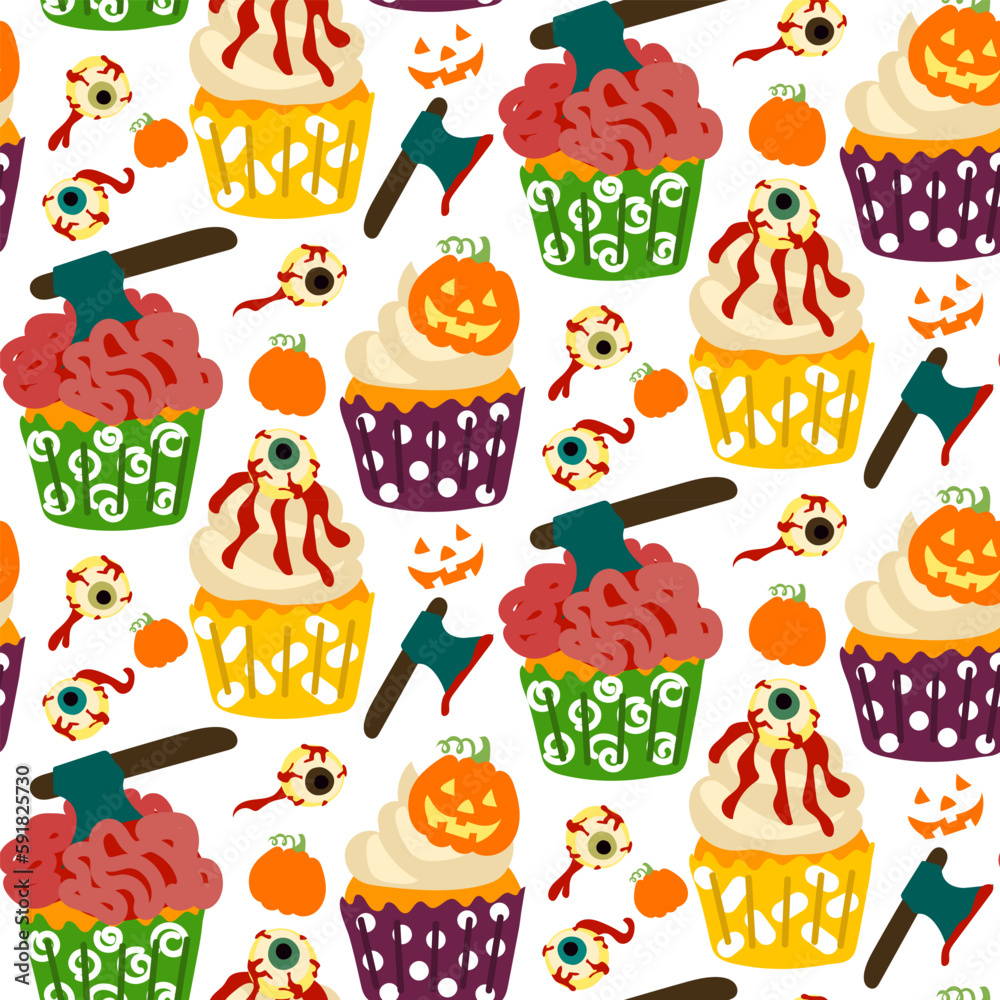 Pattern cupcakes for Halloween. Pastries in the form of muffins with a brain with an axe, pumpkin with a face, eyes. Cartoon vector. Wrapping paper for Halloween, cover, pattern, fabric. White Pattern cupcakes for Halloween. Pastries in the form of muffins with a brain with an axe, pumpkin with a face, eyes. Cartoon vector. Wrapping paper for Halloween, cover, pattern, fabric. White
