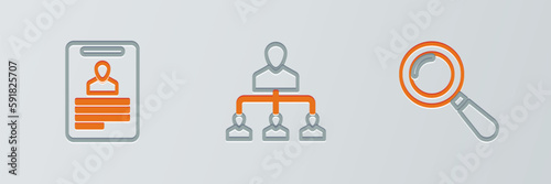 Set line Magnifying glass, Identification badge and Referral marketing icon. Vector