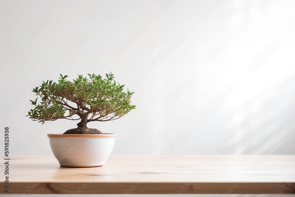 Home Decor. Wooden Table with Tree pot on White Background and Copy Space or place Product