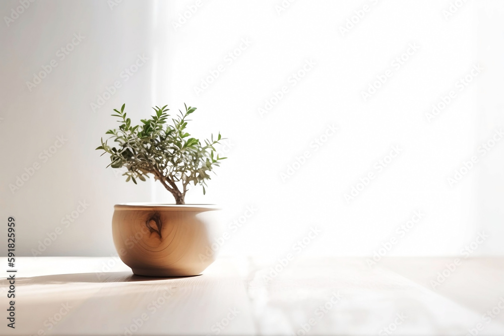 Home Decor. Wooden Table with Tree pot on White Background and Copy Space or place Product