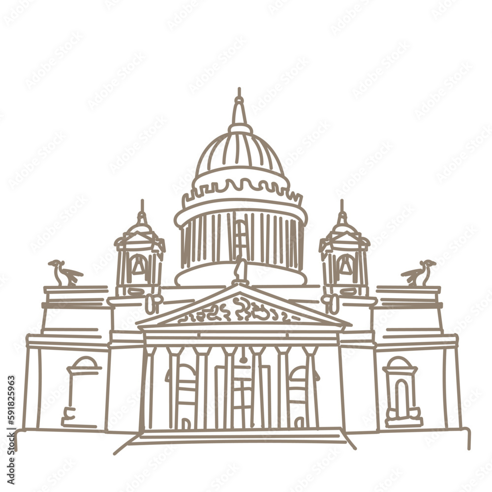 Saint Isaac's Cathedral in St. Petersburg, Russia. Hand drawn sketch in the style of an ancient engraving