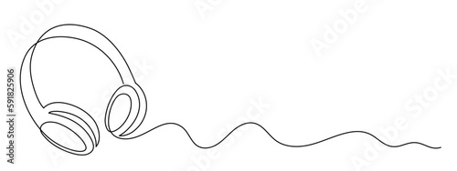 Headphone one line art,hand drawn device gadget continuous contour.Listening music wireless online concept,technology for audition songs and playlists template outline.Editable stroke.Isolated.Vector