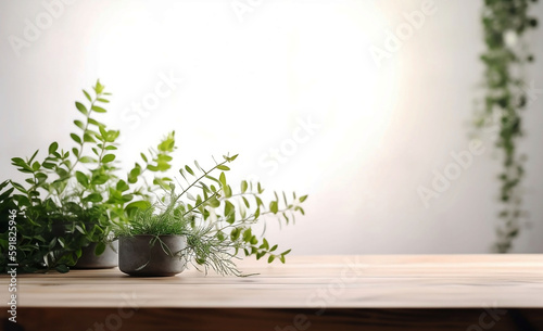 Home Decor. Wooden Table with Tree pot on White Background and Copy Space or place Product