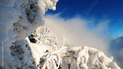 Snowy rocky landscapes of Cozia National Park, Romania in winter
