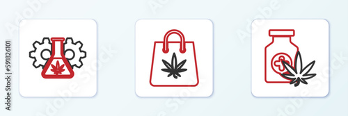 Set line Medical bottle with marijuana, Test tube and Shopping bag of icon. Vector
