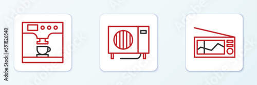 Set line Radio, Coffee machine and cup and Air conditioner icon. Vector