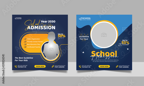 School admission social media post banner, educational social media post square flyer back to school web banner design template set.
