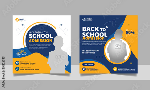 School admission social media post banner, educational social media post square flyer back to school web banner design template set.