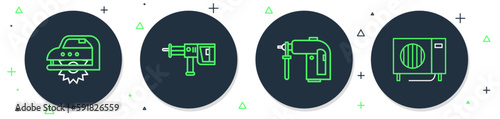 Set line Rotary hammer drill machine, Electric circular saw and Air conditioner icon. Vector