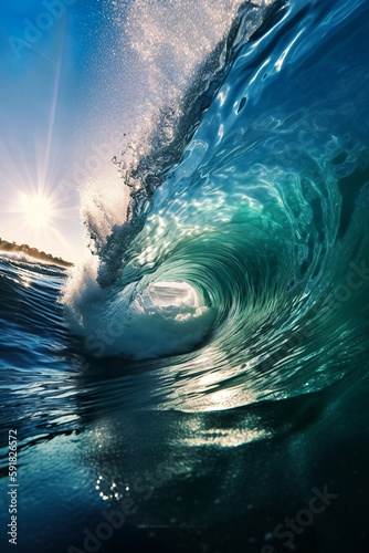 Big blue Ocean wave close up at sunrise, Generative AI © AIExplosion