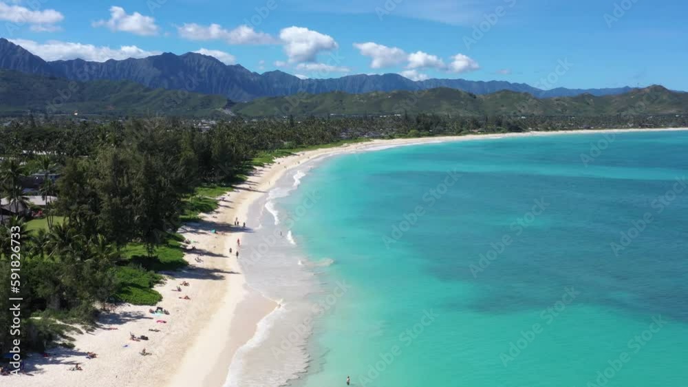 Drone view of ocean waves washing the sand in Kailua beach, Hawaii, Oahu Drone view of ocean waves washing the sand in Kailua beach, Hawaii, Oahu