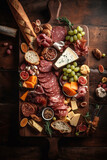 Delicious flat lay top down view of charcuterie board with processed meat, salami, cheese and fruit on a wooden platter on a table.  Generative AI