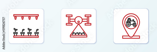Set line Tractor and location, Automatic irrigation sprinklers and Smart farm with drone icon. Vector