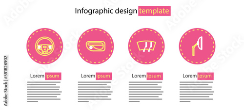 Set line Windscreen wiper, Car door handle and Steering wheel icon. Vector