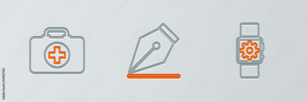 Set line Smartwatch setting, First aid kit and Fountain pen nib icon. Vector Set line Smartwatch setting, First aid kit and Fountain pen nib icon. Vector