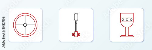 Set line Medieval goblet, Round wooden shield and Torch flame icon. Vector