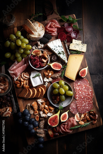 Delicious flat lay top down view of charcuterie board with processed meat, salami, cheese and fruit on a wooden platter on a table. Generative AI