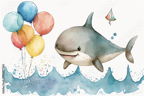 Happy Baby shark with balloons. Happy Birthday. Holiday concept, watercolor illustration. Generative AI. photo