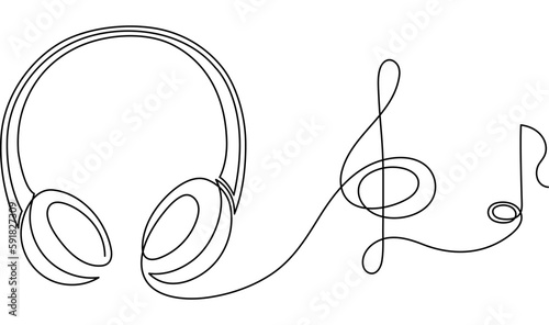 Headphone one line art,hand drawn device gadget continuous contour.Listening music wireless online concept,technology for audition songs and playlists template outline.Editable stroke.Isolated.Vector