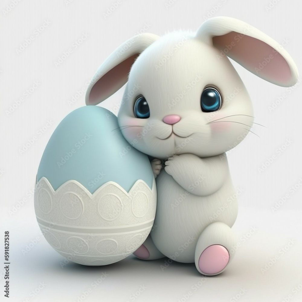 Small white bunny sitting with a blue and white egg (ai generated) Small white bunny sitting with a blue and white egg (ai generated)