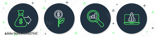 Set line Dollar plant, Magnifying glass and analysis, Money bag and Startup project concept icon. Vector