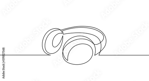 Headphone one line art,hand drawn device gadget continuous contour.Listening music wireless online concept,technology for audition songs and playlists template outline.Editable stroke.Isolated.Vector
