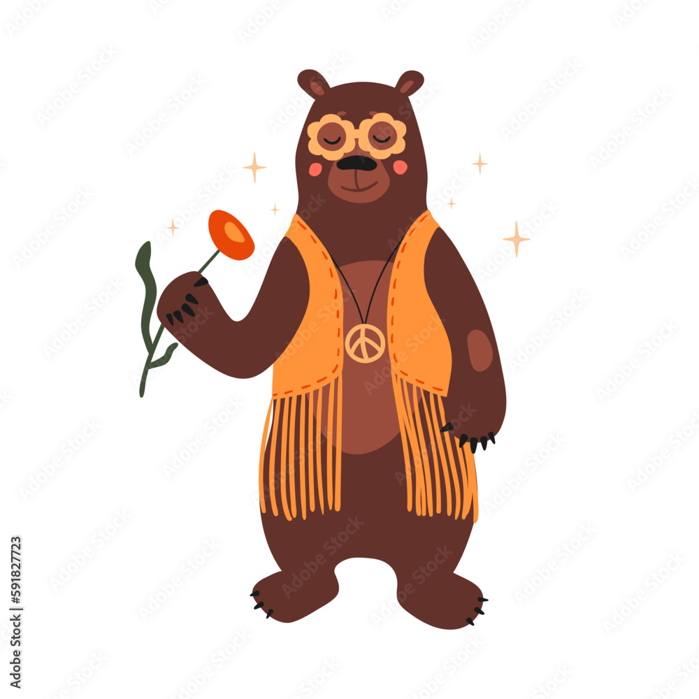 Naklejka premium A cute bear in glasses in the style of the 70s. Animal in a yellow vest is holding a flower. Idea for print, postcard, poster, t-shirt. Vector illustration in hand drawn isolated on white