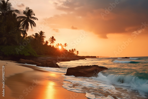 Romantic sunset on a tropical beach with palm trees, coconut trees, generative ai 